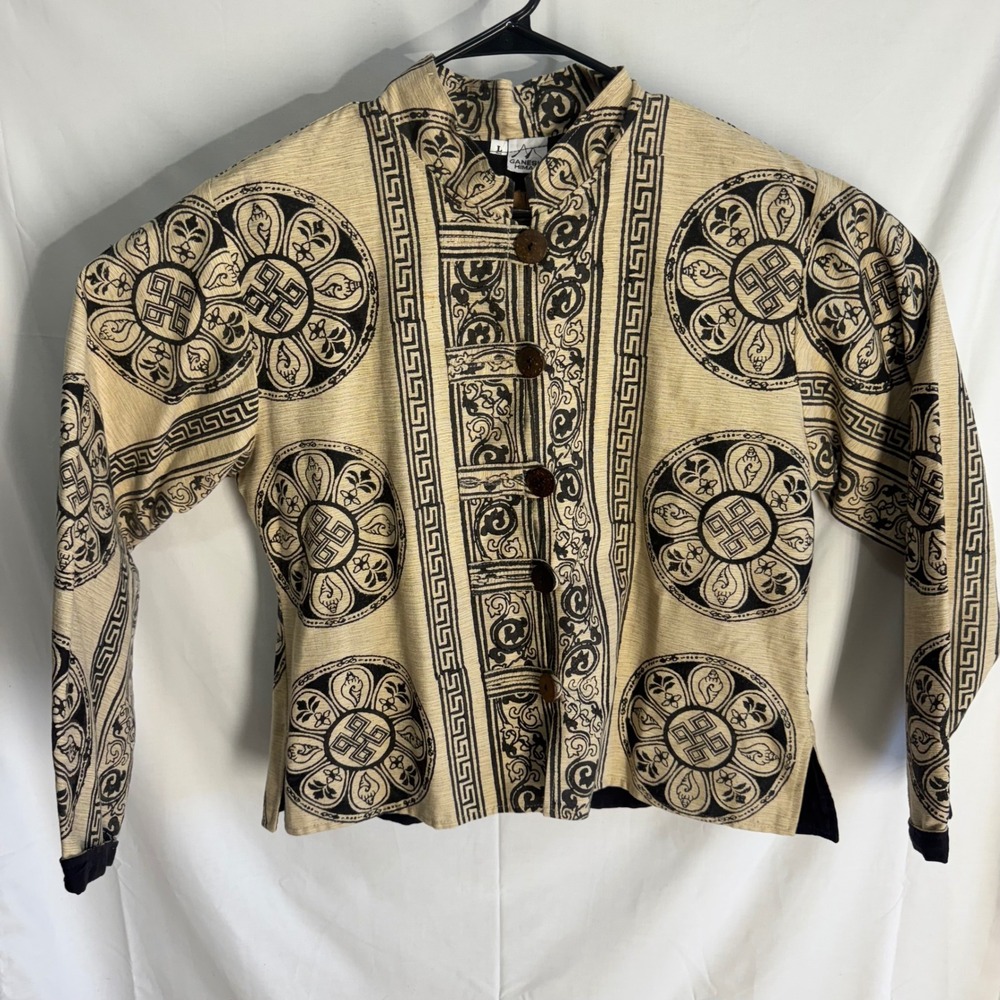 Ganesh Himal Jacket Women Large Tan Black Nepal Cotton Hand Loomed Block Print